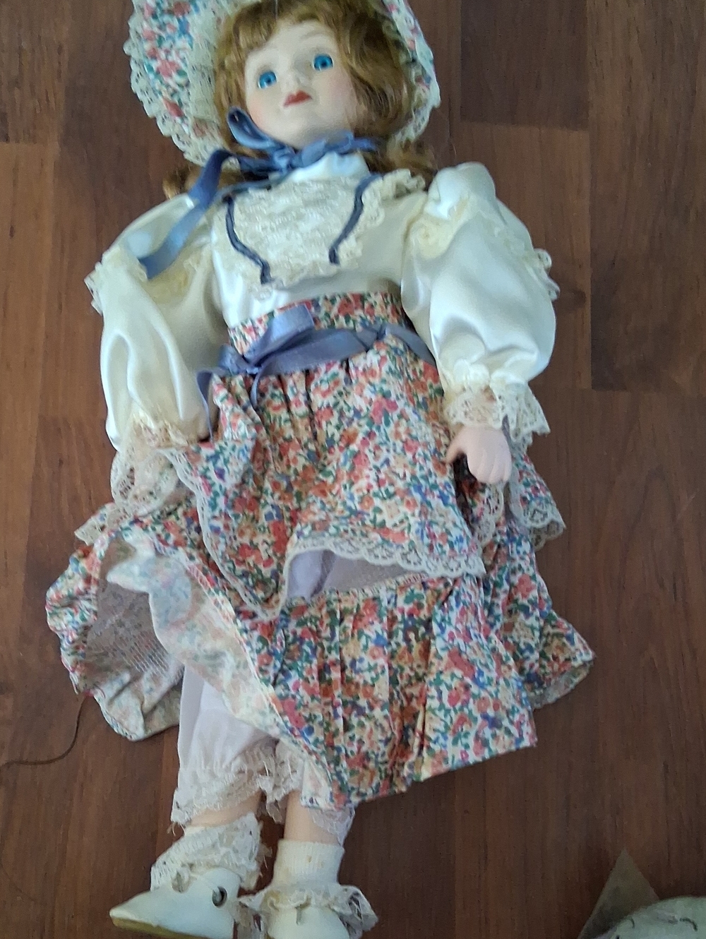 Porcelain Victorian-Style Decorative Doll in Cream and Floral Dress